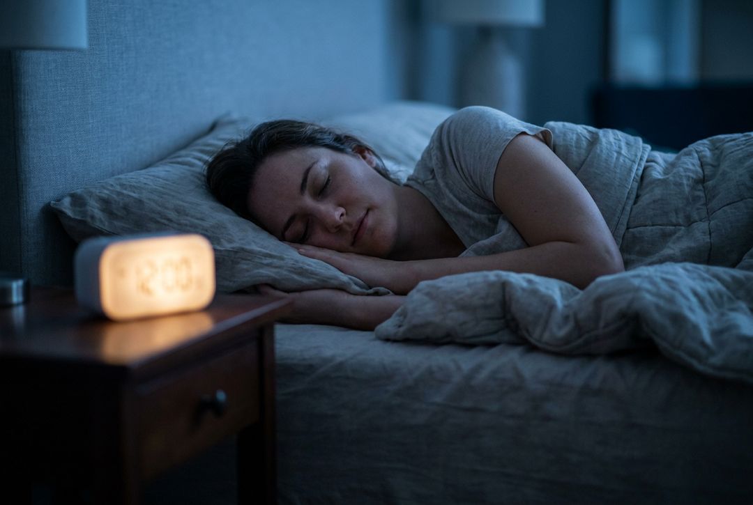 Femeie care doarme în timp ce ceasul deșteptător luminează pe noptieră